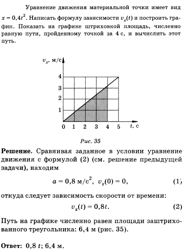 Уравнение движения материальной точки имеет вид x=0,4t2. Написать формулу зависимости vx(t) и построить график...., Задача 75, Физика