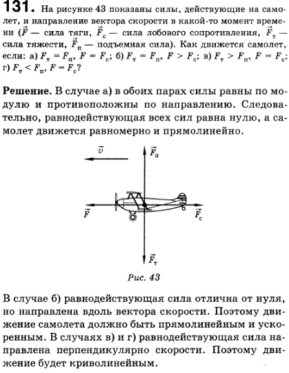 На рисунке 23 показаны силы, действующие на самолет, и направление вектора скорости в некоторый момент времени (F сила тяги, Fc сила лобового соп..., Задача 131, Физика