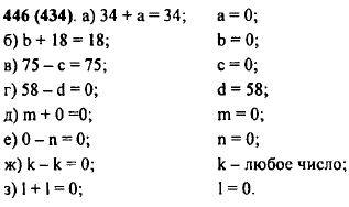 При каком значении буквы верно равенство: а) 34 + a = 34; б) b + 18 = 18; в) 75 - c = 75; г) 58 - d = 0; ж..., Задача 10286, Математика