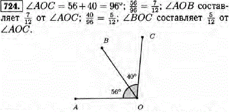 Внутри угла AOC проведен луч OB так, что AOB = = 56° и BOC = 40°. Какую часть угла AOC составляет AOB; BOC? ..., Задача 12424, Математика