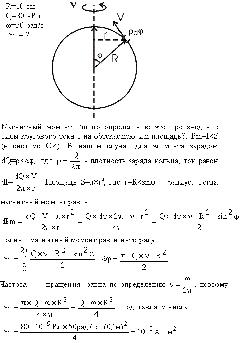 Тонкое кольцо радиусом R=10 см несет равномерно распределенный заряд 80 нКл и вращается с угловой скоростью 50 рад/..., Задача 13721, Физика