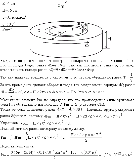 Сплошной цилиндр радиусом R=4 см и высотой 15 см несет равномерно распределенный по объему заряд 0,1 мкКл/м3 и вращается с часто..., Задача 13724, Физика