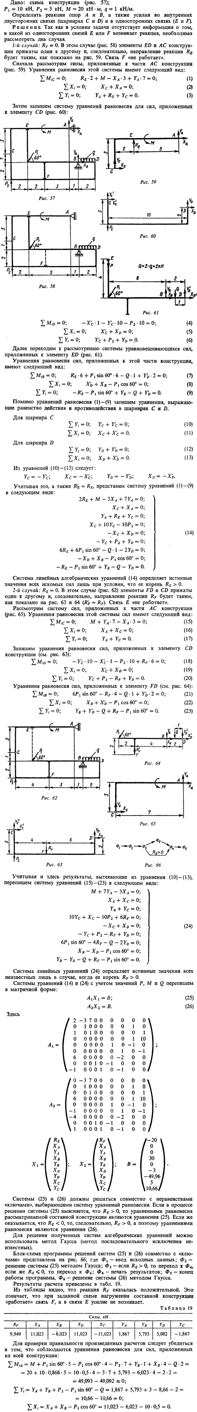 Дано схема конструкции P1=10 кН, P2=3 кН, M=20 кН*м, q=1 кН/м. Определить реакции опор A и B, а также усилия во внутренних..., Задача 14258, Теоретическая механика