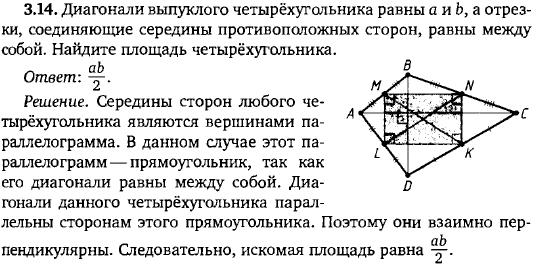 Диагонали выпуклого четырёхугольника равны a и b, а отрезки, соединяющие середины противоположных сторон,..., Задача 15502, Геометрия