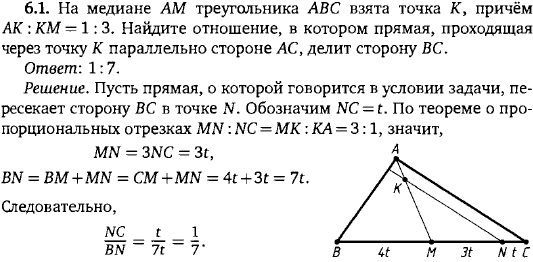 На медиане AM треугольника ABC взята точка K, причём AK:KM = 1:3. Найдите отношение, в котором прямая, прох..., Задача 15579, Геометрия