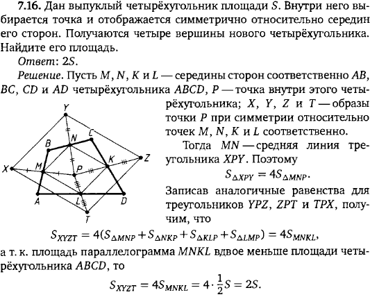 Дан выпуклый четырёхугольник площади S. Внутри него выбирается точка и отображается симметрично относительно середин сторон. Получ..., Задача 15618, Геометрия