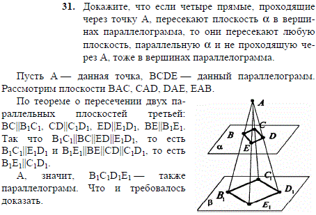 Докажите, что если четыре прямые, проходящие через точку А, пересекают плоскость α в вершинах параллелограмма..., Задача 1947, Геометрия