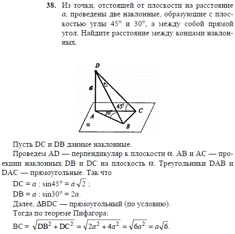 Из точки, отстоящей от плоскости на расстояние a, проведены две наклонные, образующие с плоскостью углы 45 и 30°, а между ..., Задача 2057, Геометрия