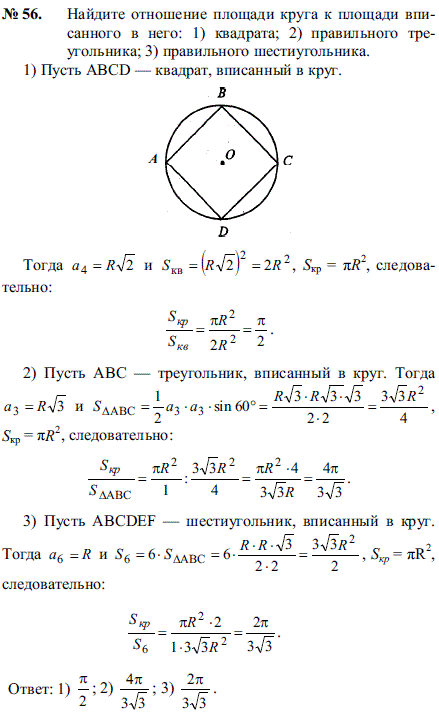 Найдите отношение площади круга к площади вписанного в него: квадрата; правильного..., Задача 2274, Геометрия