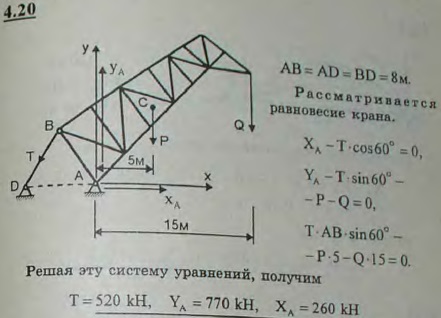 Кран имеет шарниры в точках A, B и D, причем AB=AD=BD=8 м. Центр тяжести фермы крана находится на расстоянии 5 м..., Задача 2716, Теоретическая механика