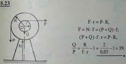 Цилиндрический вал веса Q и радиуса R приводится во вращение грузом, подвешенным к нему на веревке; вес груза равен P. Радиус шипов вала ..., Задача 2793, Теоретическая механика
