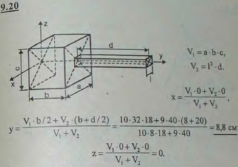Найти координаты центра тяжести деревянного молотка, состоящего из прямоугольного параллелепипеда и ручки с квадратным..., Задача 2908, Теоретическая механика