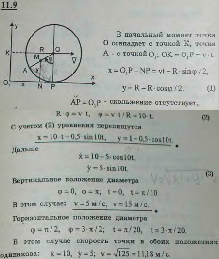 Определить уравнения движения и траекторию точки колеса электровоза радиуса R=1 м, лежащей на расстоянии a=0,5 м от оси, если колесо катится без скольжения по ..., Задача 2947, Теоретическая механика