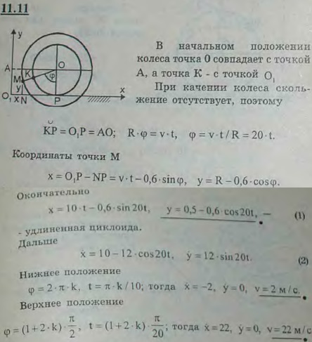 Определить уравнения движения и траекторию точки M колеса вагона радиуса R=0,5 м, отстоящей от оси на расстоянии a=0,6 м и лежащей в начальный момент на 0,1 м..., Задача 2949, Теоретическая механика