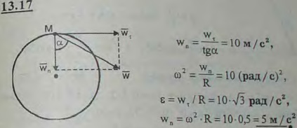 Угол наклона полного ускорения точки обода махового колеса к радиусу равен 60°. Касательное ускорение ее в данный момент wτ=10*..., Задача 3013, Теоретическая механика