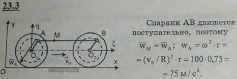Определить абсолютное ускорение какой-нибудь точки M спарника AB, соединяющего кривошипы осей O и O1, если экипаж движется по прямолин..., Задача 3216, Теоретическая механика