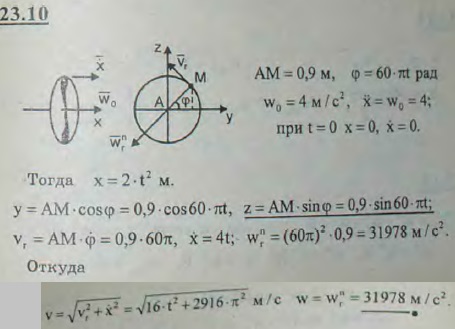Самолет движется прямолинейно с ускорением w0=const=4 м/с, винт диаметра d=1,8 м вращается равномерно с угловой ско..., Задача 3223, Теоретическая механика