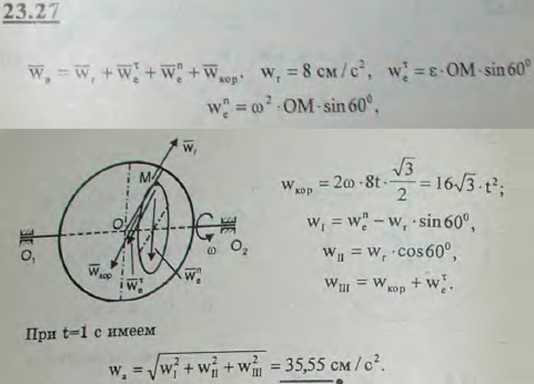 По радиусу диска, вращающегося вокруг оси O1O2 с угловой скоростью ω=2t рад/с в направлении от центра диска к его ободу движется точ..., Задача 3240, Теоретическая механика