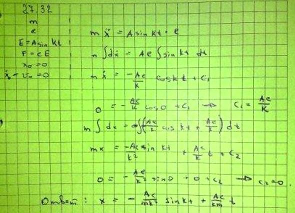 Частица массы m, несущая заряд электричества e, находится в однородном электрическом поле с переменным напряжением E=A sin kt (А и k — заданн..., Задача 3415, Теоретическая механика