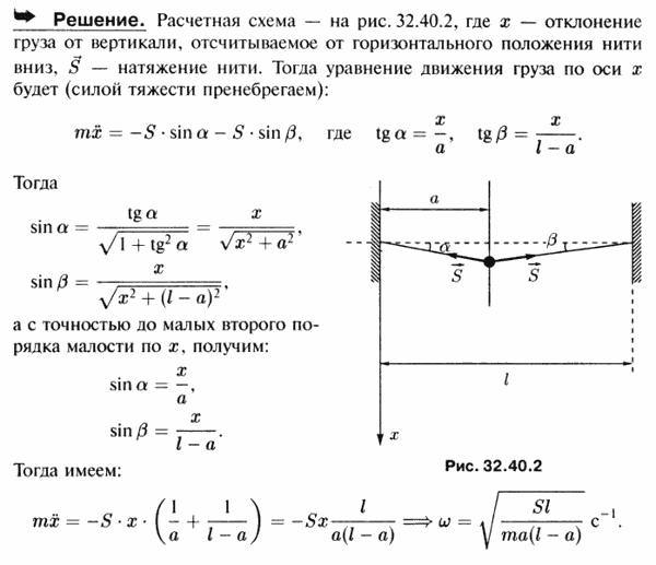 Груз Q массы m закреплен горизонтально натянутым тросом AB=l. При малых вертикальных колебаниях груза натяжение троса S..., Задача 3591, Теоретическая механика
