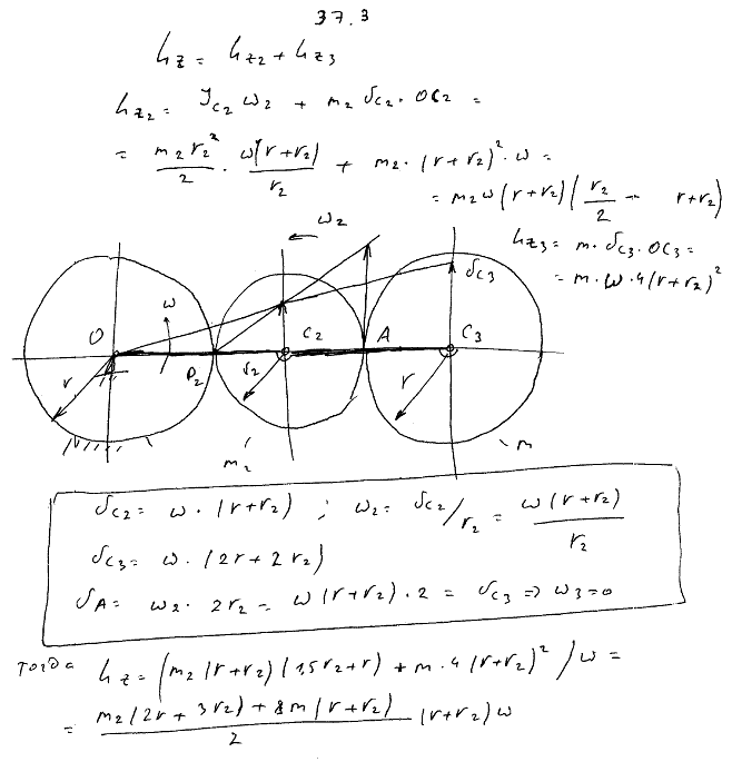 Вычислить главный момент количеств движения планетарной передачи относительно неподвижной оси z, совпадающей с осью вращения кривошипа ..., Задача 3749, Теоретическая механика