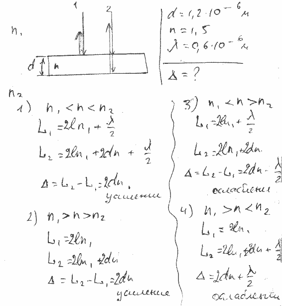 Плоскопараллельная стеклянная пластинка толщиной d=1,2 мкм и показателем преломления n=1,5 помещена между двумя средами с показателями преломления n1 и n2. Свет ..., Задача 5110, Физика