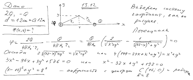 Поле создано двумя точечными зарядами +2Q и -Q, находящимися на расстоянии d=12 см друг от друга. Определить геоме..., Задача 5688, Физика