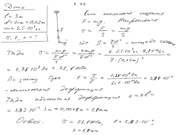 К стальному стержню длиной l=3 м и диаметром d=2 см подвешен груз массой m=2,5*10^3 кг. Определить напряжение ..., Задача 6404, Физика