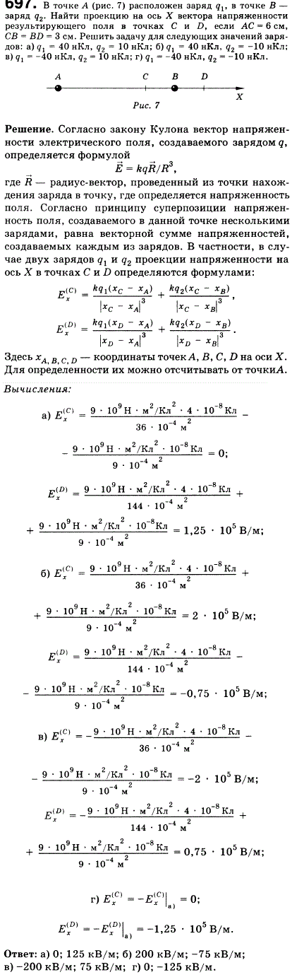 В точке А (рис. 74) расположен заряд q1 в точке В заряд q2. Найти проекцию на ось X вектора напряженности ..., Задача 702, Физика