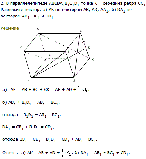 В параллелепипеде ABCDA1B1C1D1 точка К середина ребра CC1. Разложите вектор AK по векторам..., Задача 8190, Геометрия