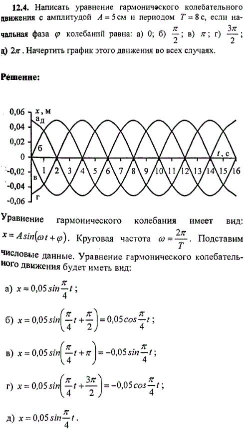 Написать уравнение гармонического колебательного движения с амплитудой А = 5 см и периодом Т = 8 c, ес..., Задача 9335, Физика
