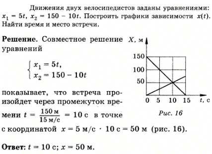 Движения двух велосипедистов заданы уравнениями: x1=5t, x2=150 - 10t. Построить графики ..., Задача 23, Физика