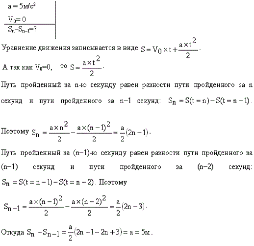 Материальная точка движется прямолинейно с ускорением a=5 м/с2. Определить, на сколько путь, пройденный точкой в n-ю секун..., Задача 13354, Физика