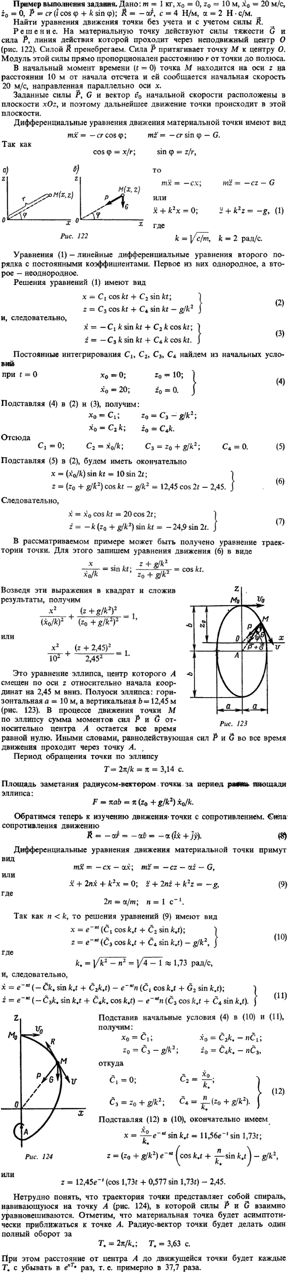 Яблонский пример решения Д2. Дано m = 1 кг, x0 = 0, z0 = 10 м, x 0 = 20 м/с, z 0 = 0, P = cr(i cos φ + ..., Задача 14611, Теоретическая механика
