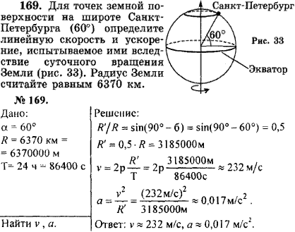 Для точек земной поверхности на широте Санкт-Петербурга 60° определите линейную скорость и ускорение, испытываемое ими..., Задача 16122, Физика