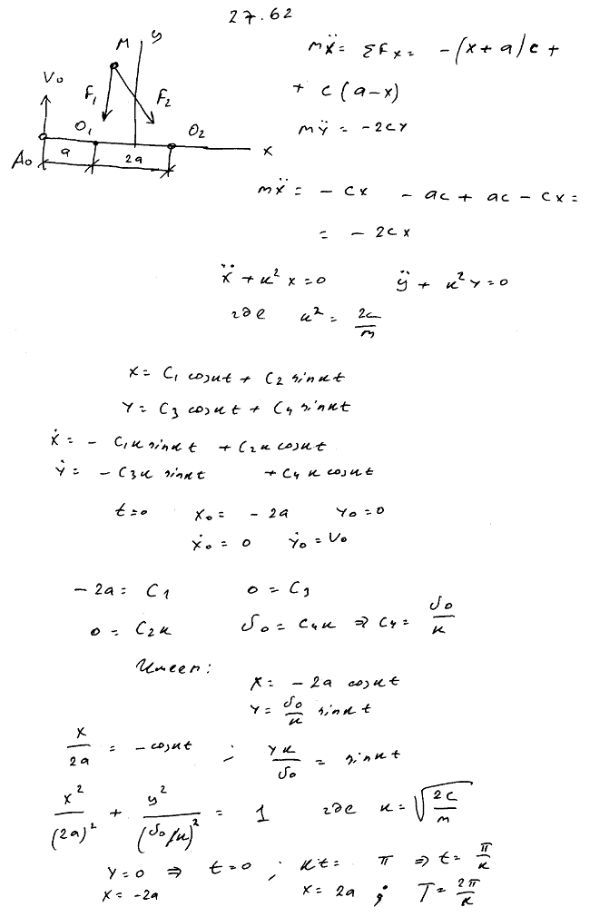 Точка M массы m находится под действием двух сил притяжения, направленных к неподвижным центрам O1 и O2. Величина этих сил пропорциональна расстоянию от точек O1 и O2..., Задача 3445, Теоретическая механика