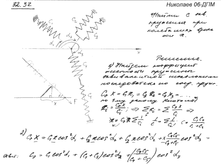Точка A, масса которой равна m, прикреплена пружинами, как указано на рисунке. В исходном положении точка ..., Задача 3583, Теоретическая механика