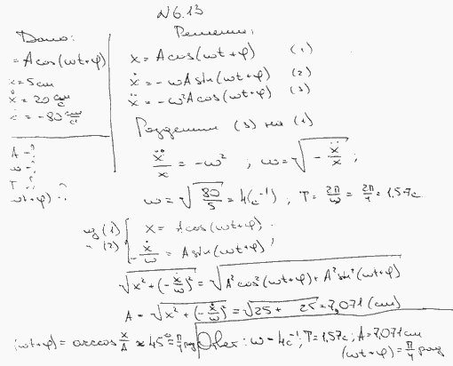 Колебания точки происходят по закону x=A cos (ωt+φ). В некоторый момент времени смещение точки равно 5 см, ее скорость v=20 см..., Задача 6242, Физика
