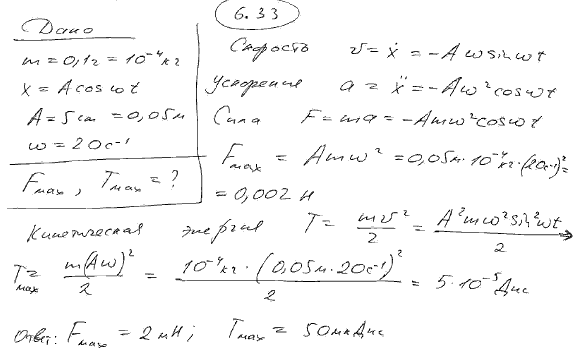 Колебания материальной точки массой m=0,1 г происходят согласно уравнению x=Acosωt, где A=5 см, ω=20 с-1. Определить мак..., Задача 6262, Физика