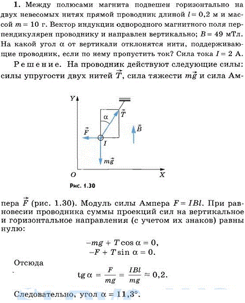 Между полюсами магнита подвешен горизонтально на двух невесомых нитях прямой проводник длиной l=0,2 м и массой m=1..., Задача 6679, Физика