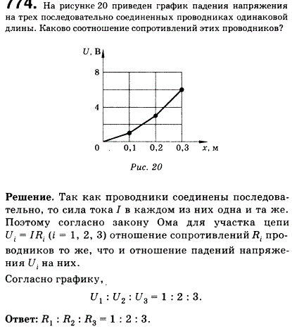 На рисунке 80 представлен график падения напряжения на трех последовательно соединенных проводниках одинаковой ..., Задача 783, Физика